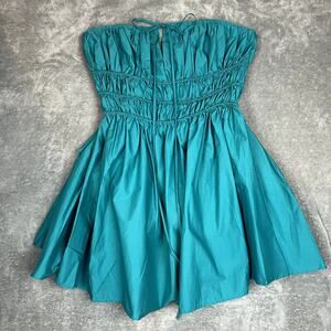 Strapless Ruched Mini Dress Womens L Turquoise Smocked Peplum Preppy NWT